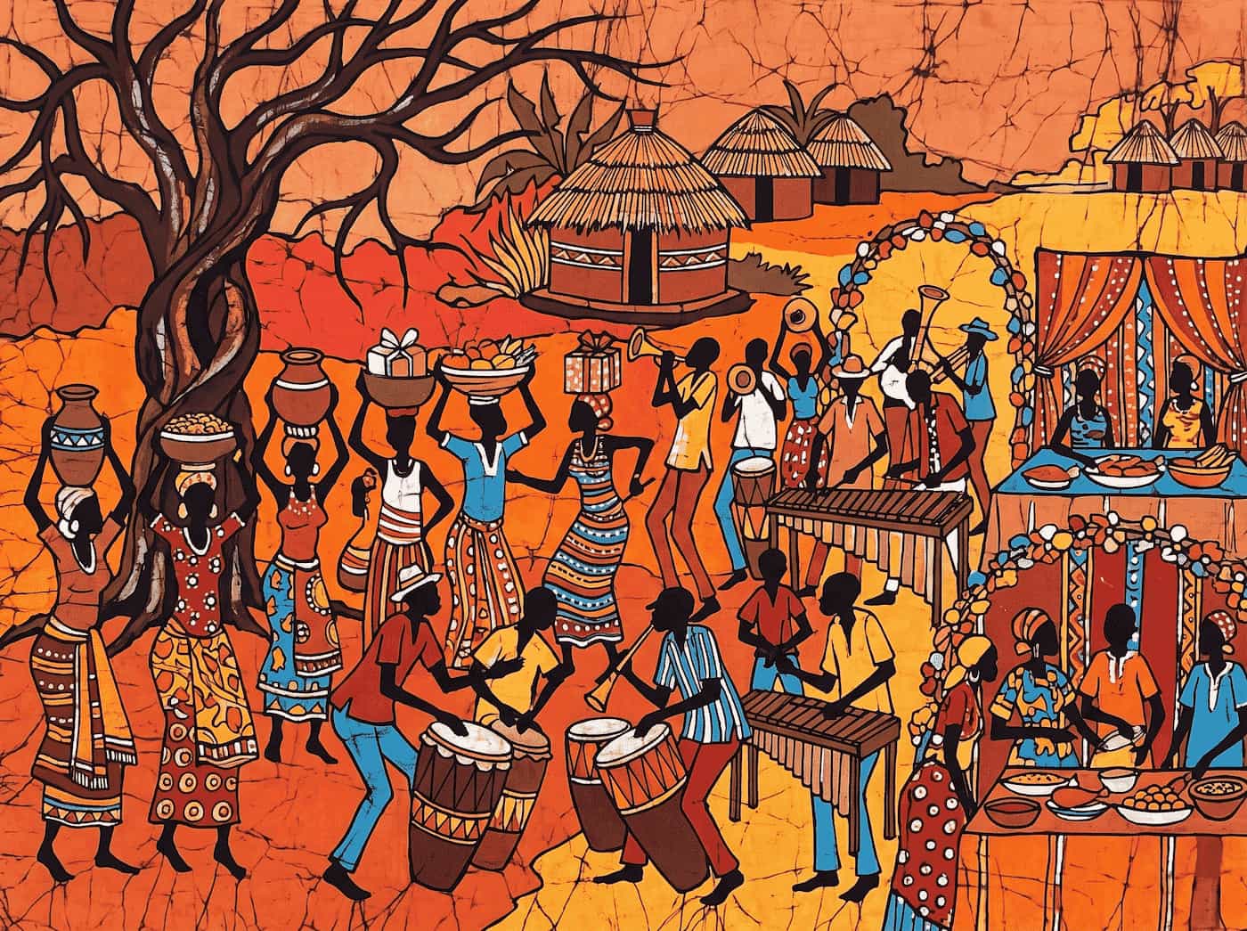 Pintura em batik de uma celebração africana com música, dança e comida